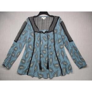 Style & Co Tunic Blue Paisley Bohemian Studded Tassel Peasant Blouse Size L
